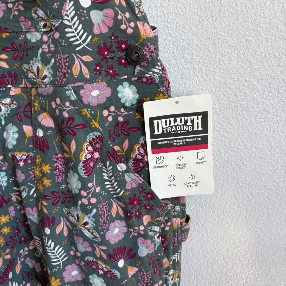Duluth Trading Co Womens Heirloom Gardening Bib Overalls Floral Grey XS x 31 NWT - Picture 5 of 6